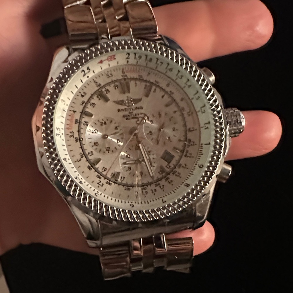 Breitling Silver and White Chronograph Watch